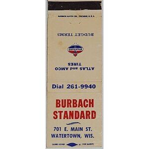 Vintage Matchbook Cover Burbach Standard Watertown WI Wisconsin Atlas Tires